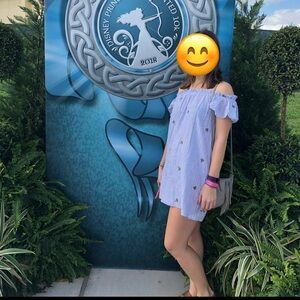 Blue and White Striped Dress w/Embroidered Cactus